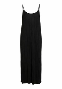 Zwarte geplooide maxi-jurk met dunne schouderbandjes, met een ontspannen pasvorm en een gladde textuur. Geen zichtbare patronen of hardwaredetails.