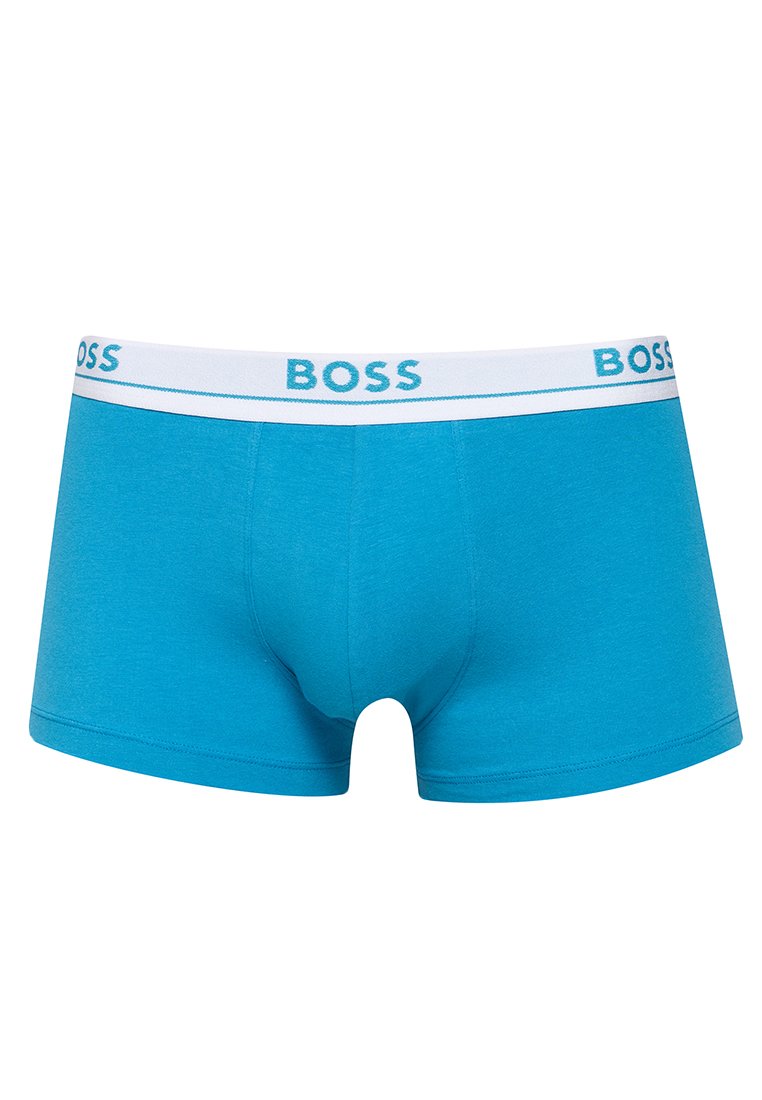 Boxers en coton bleus avec une ceinture blanche arborant le nom de la marque "BOSS" en bleu clair. Le tissu a une texture lisse.
