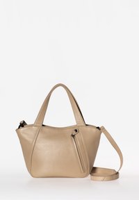 Borsa a mano in pelle beige con una texture liscia, dotata di doppio manico corto e di una tracolla removibile. Include una tasca con zip.