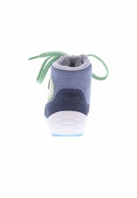 Children's blue boot with fuzzy gray lining, green and blue accent laces, textured rubber sole, and embossed logo on the side.