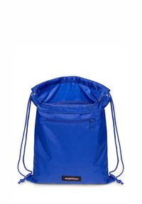 Blå draremse ryggsäck av slitstark nylon, med en öppning upptill, en framficka med dragkedja och en logotyp på botten.