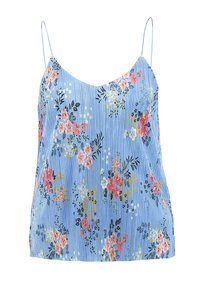 Floral cami top with blue background, thin adjustable straps, pleated texture, and mixed pink, white, and green floral patterns.