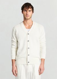 Weißer Strick-Cardigan mit V-Ausschnitt, Frontknöpfen und gerippten Bündchen. Verfügt über ein strukturiertes Muster im gesamten Stoff.