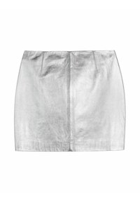 Srebrna metaliczna spódnica mini o gładkiej teksturze, z wysokim stanem i dwiema przednimi szwami dla lepszego dopasowania i struktury.