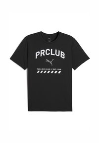 Černé tričko má bílé nápisy "PRCLUB" a "PUMA RUN CLUB // ZALOŽENO 1948" s dekorativním designem níže.