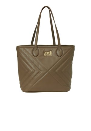 Smeđa kožna tote torba s cik-cak šavovima i zlatnim logotipom "Cavalli Class", sa dvije naramenice.