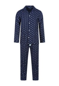 Ensemble de pyjama bleu marine en tissu doux, comprenant un haut à boutons avec col et un pantalon, tous deux ornés d'un petit motif répétitif.