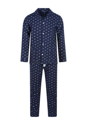 Ensemble de pyjama bleu marine en tissu doux, comprenant un haut à boutons avec col et un pantalon, tous deux ornés d'un petit motif répétitif.