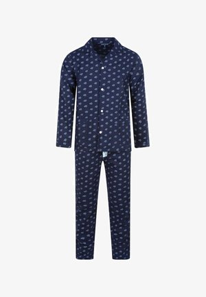 Ensemble de pyjama bleu marine en tissu doux, comprenant un haut à boutons avec col et un pantalon, tous deux ornés d'un petit motif répétitif.