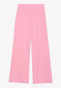 Rosa vide benbukser laget av glatt, lett stoff med elastisk midje og uten synlige lommer eller hardware-detaljer.