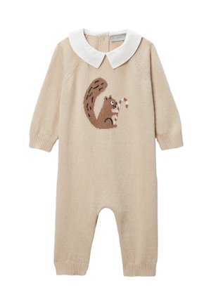 Combinaison en tricot beige à manches longues, avec un col Claudine blanc et un motif d'écureuil tenant une canne en sucre d'orge sur le devant.