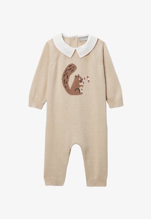 Combinaison en tricot beige à manches longues, avec un col Claudine blanc et un motif d'écureuil tenant une canne en sucre d'orge sur le devant.