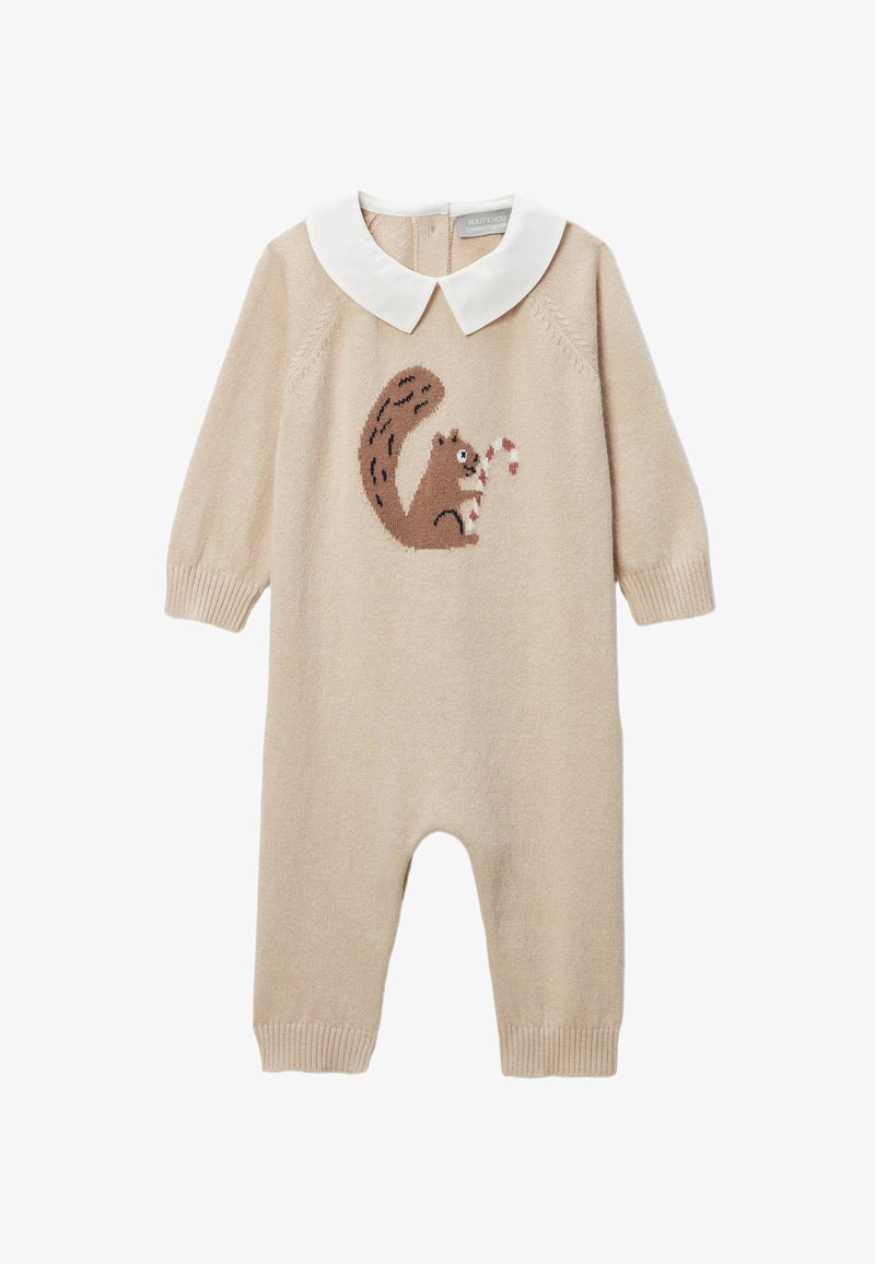 Combinaison en tricot beige à manches longues, avec un col Claudine blanc et un motif d'écureuil tenant une canne en sucre d'orge sur le devant.