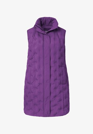 Lilla, ærmeløs, kviltet dunvest med høj krave og lukning foran. Har sidelommer og en glat, struktureret overflade.