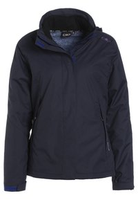 Veste matelassée bleu marine avec col montant, fermeture éclair à l'avant et deux poches latérales. Présente des accents bleus contrastants sur les poignets et le col.