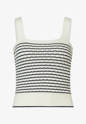 Witte gebreide tanktop met zwarte horizontale strepen en brede schouderbanden, met een gestructureerde, geribbelde zoom en lijf.