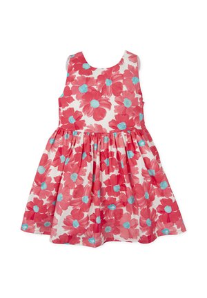 Vestido floral con fondo blanco y grandes flores rosas y azul claro. Diseño sin mangas con falda fruncida y escote redondo.