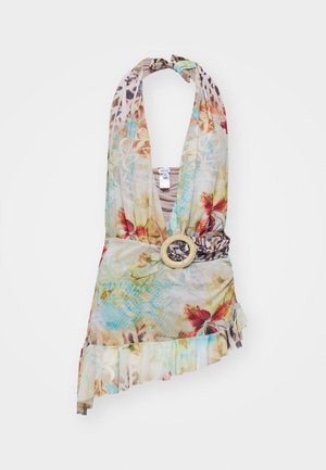 Top floral cu bretele dintr-un material ușor, cu decolteu adânc, tiv ondulat și o curea decorativă lată cu cataramă circulară.