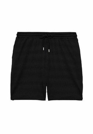 Fekete, texturált rövidnadrág elasztikus derékpánttal és elöl húzózsinórral, oldalán zsebekkel, laza szabással.