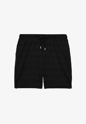 Fekete, texturált rövidnadrág elasztikus derékpánttal és elöl húzózsinórral, oldalán zsebekkel, laza szabással.