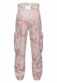 Pantalon cargo taille haute avec motif camouflage rose et beige, poches latérales à rabat, poignets élastiques et passants de ceinture, vu de dos.