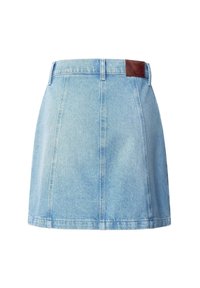 Light blue denim skirt with a straight cut, front seams, and a brown leather patch on the waistband. Smooth texture with a classic design.