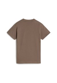 Braunes Baumwoll-T-Shirt mit kurzen Ärmeln und Rundhalsausschnitt, glatte Textur, schlichtes Design und keine sichtbaren Muster oder Akzente auf der Rückseite.