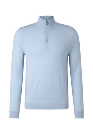 Hellblauer Pullover mit langen Ärmeln und hohem Reißverschlusskragen, hergestellt aus glattem Stoff. Verfügt über gerippte Bündchen und Saum, minimalistisches Design.