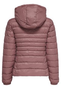 Padded, hooded jacket in mauve. Features a quilted design with horizontal stitching, elastic cuffs, and a smooth, shiny texture.