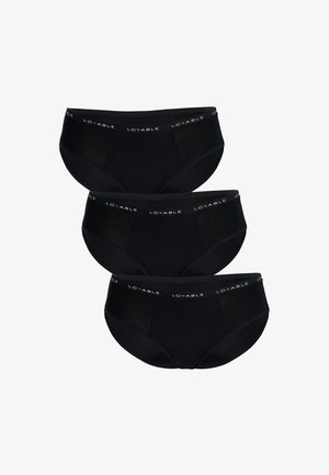 Slip in cotone nero con una morbida cintura elastica su cui è scritto "Lovable" in lettere rosse. Tre paia esposti, mostrando una texture liscia e un design classico.