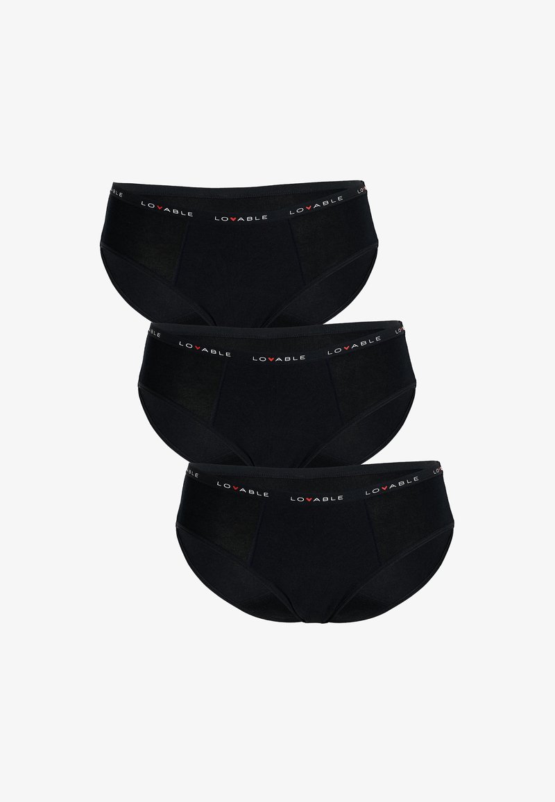 Slip in cotone nero con una morbida cintura elastica su cui è scritto "Lovable" in lettere rosse. Tre paia esposti, mostrando una texture liscia e un design classico.