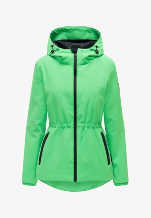 Giacca con cappuccio da donna di un brillante verde, con cerniera frontale, vita elasticizzata, tasche bordate di nero e coulisse sul cappuccio.