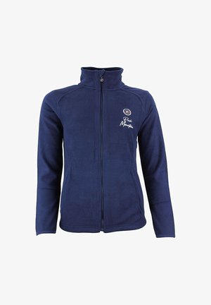 Chaqueta de forro polar azul marino con cuello alto, cremallera completa y logo bordado en el pecho izquierdo. Textura suave y mangas largas.
