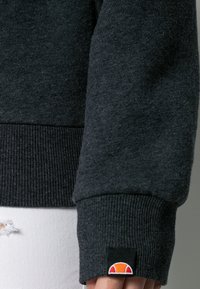 Felpa grigia scura con polsini e orlo a costine, realizzata in morbido tessuto. Include una piccola etichetta colorata sul polsino.