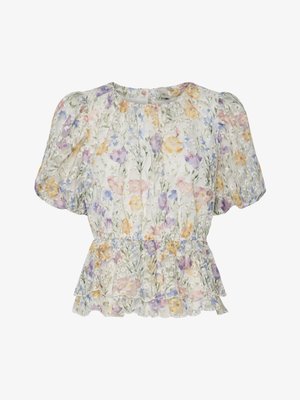 Korte bloemenblouse met pofmouwen, getailleerde taille en ruches onderaan, uitgevoerd in pasteltinten op een lichte achtergrond.