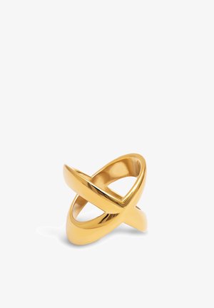 Guldfarvet metalring med et snoet design, glat overflade og poleret finish, der har krydsende bånd i en stilfuld crossover-form.