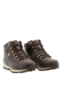 Botas de senderismo de cuero marrón con tobillo alto, suela de goma con relieve, ojetes de metal y cordones texturizados. Presenta un logo en el lateral.