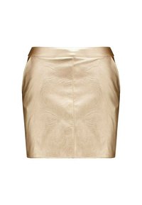 Jupe courte et ajustée en tissu métallisé doré. Texture lisse avec un léger brillant. Détails de coutures à l'avant et à l'arrière pour un ajustement sur mesure.