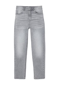 Lys grå, falmede denim jeans med forlommer, bæltestropper, knaplukning og lige ben.