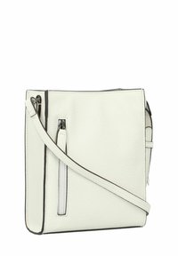 Borsa a tracolla in pelle crema con una finitura texturizzata, tracolla regolabile e tasca frontale con zip. Accentuata da rifiniture nere.