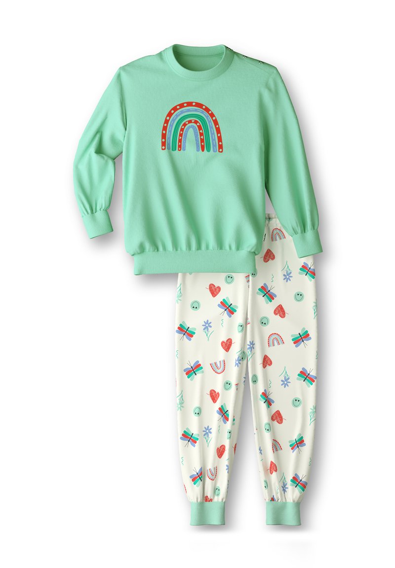 Mintgroene sweatshirt met regenbooggraphic; crèmekleurige joggingbroek met verschillende patronen, waaronder harten en bloemen, afgewerkt met mintkleurige manchetten.