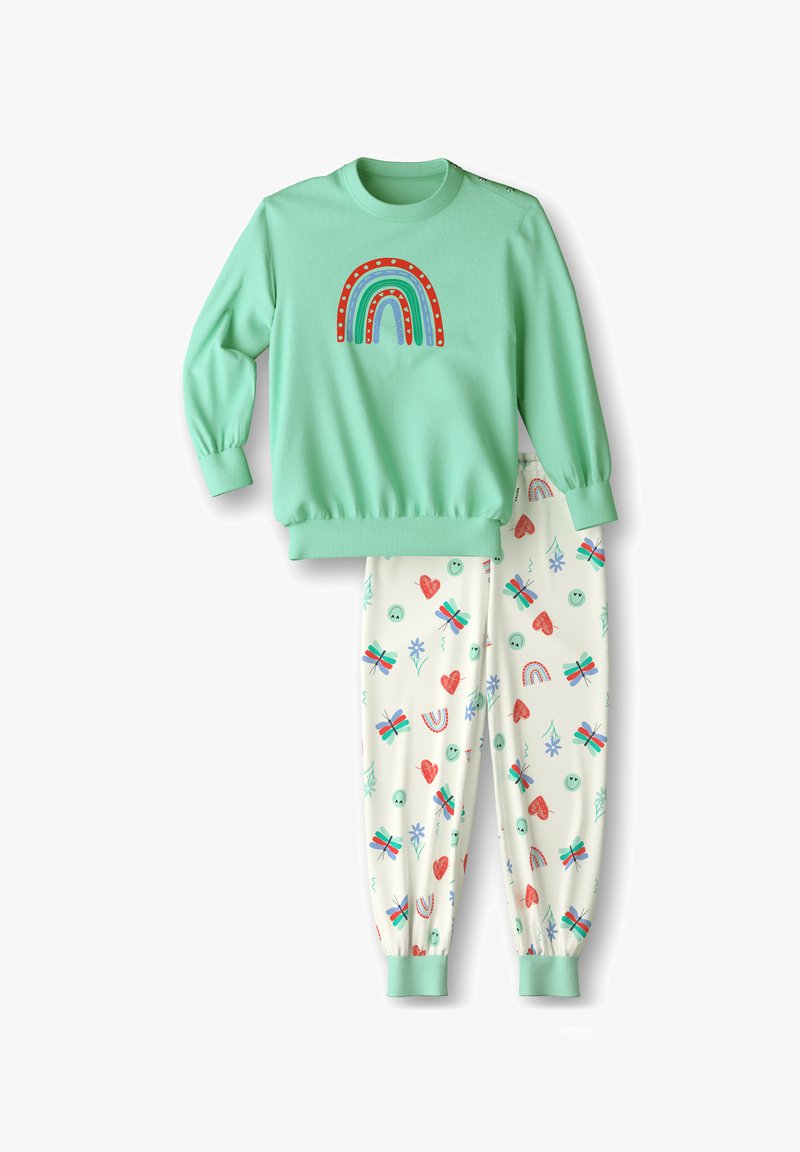 Mintgrüner Sweatshirt mit Regenbogen-Grafik; cremefarbene Jogginghosen mit verschiedenen Mustern, einschließlich Herzen und Blumen, abgerundet mit mintfarbenen Bündchen.