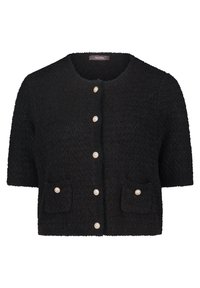 Schwarze Kurzarm-Cardigan mit strukturierter Stoffqualität, rundem Ausschnitt, zwei vorderen Taschen und fünf glänzenden Knopfverschlüssen.