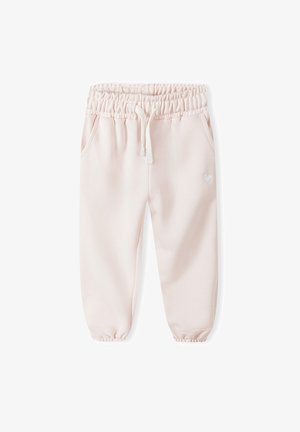 Lichtroze joggerbroek met elastische tailleband, trekkoord, manchetten bij de enkels, zijzakken en een klein geborduurd hartdetail aan de zijkant.