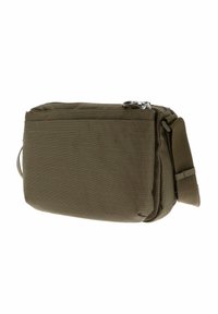Borsa a tracolla compatta di colore verde oliva in tessuto, con tasca frontale con zip, tracolla regolabile e chiusura con doppia zip argentata.