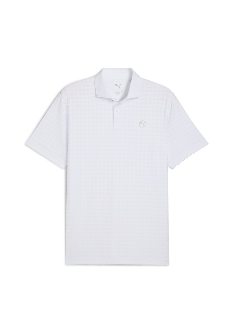 Hvid kortærmet polo shirt med et struktureret mønster, tre-knaps lukning og broderet logo i lys grå på brystet.