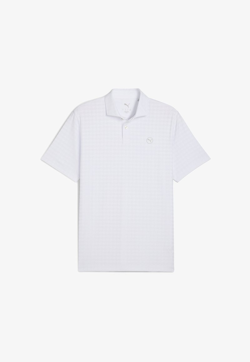 Valkoinen lyhythihainen polo-paita, jossa on teksturoitu kuvio, kolmen napin aukko ja vaaleanharmaa brodeeraus rinnassa.
