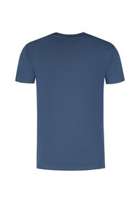 Korte mouwen t-shirt in donkerblauwe kleur, gemaakt van zachte stof met een gladde textuur, voorzien van een ronde hals en een eenvoudig, onafgewerkt ontwerp.