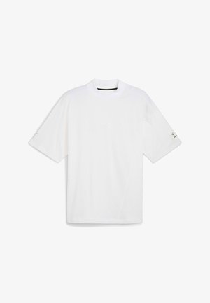 White cotton short-sleeve t-shirt with a relaxed fit, featuring a small logo on the left sleeve and a smooth texture.