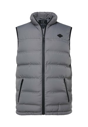Veste matelassée grise sans manches avec fermeture éclair à l'avant, col montant, deux poches zippées et petit logo noir sur la poitrine.